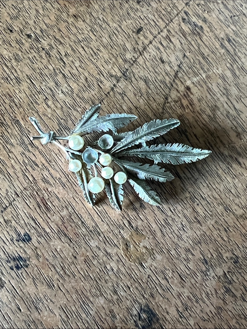 Silver Leaf and Pearl Cluster Brooch - Silver